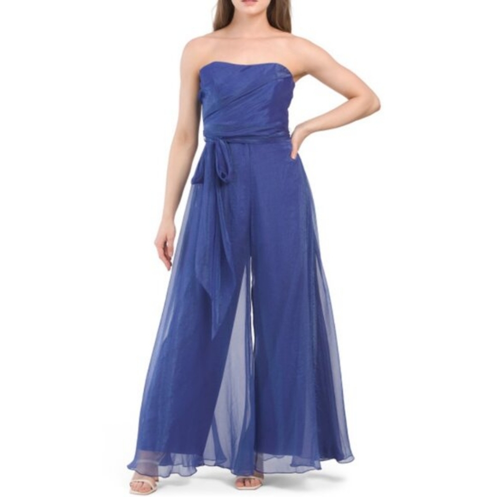 RENE BY RENE RUIZ Blue Strapless Tie Waist Flowy Jumpsuit - Picture 3 of 3
